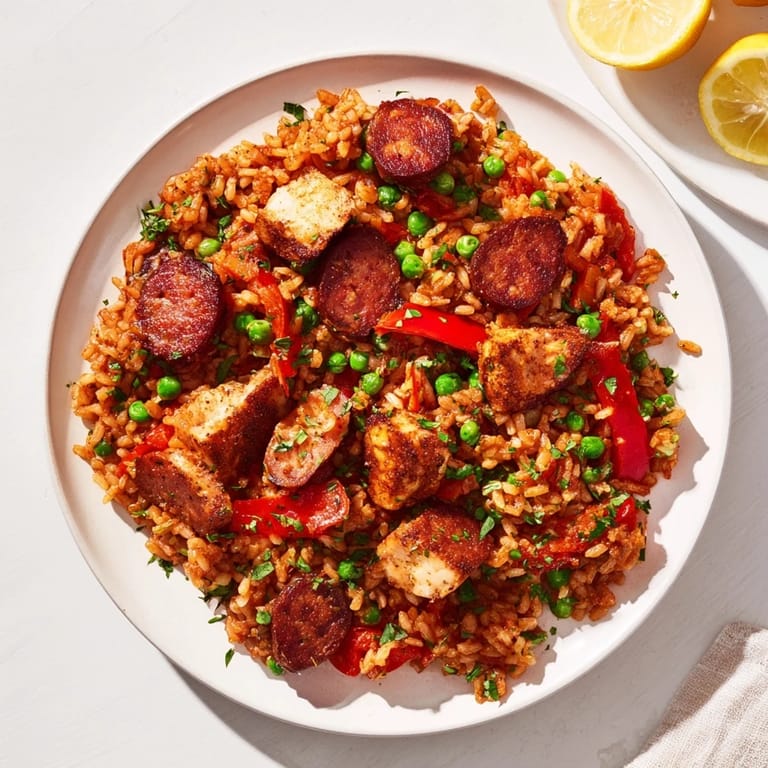 Enjoy a hearty bowl of Chicken and Chorizo Rice Skillet with fluffy rice, sprinkled with fresh parsley and a bright lemon wedge.