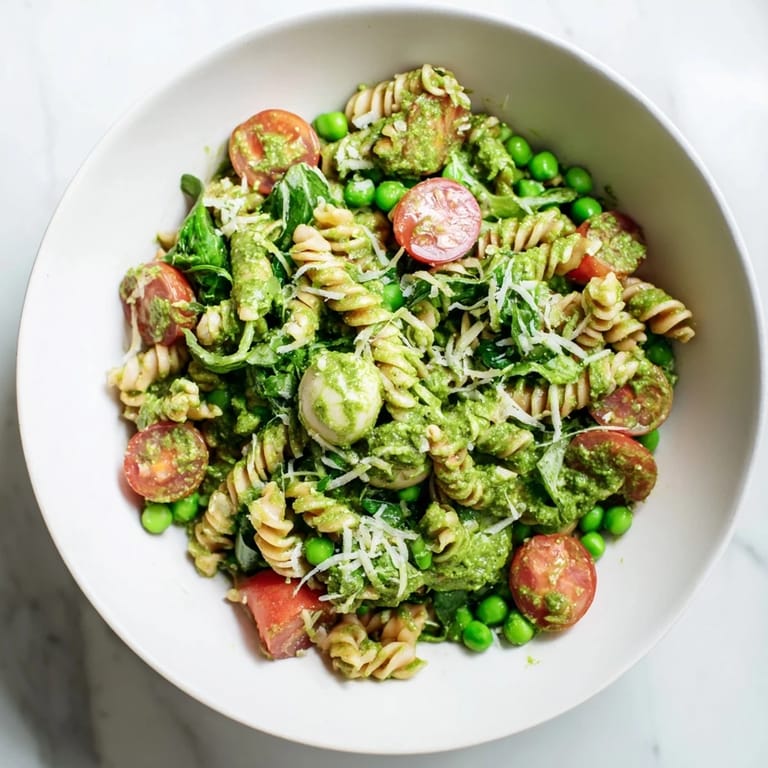 A close-up of creamy One-Pot Creamy Pesto Pea Protein Pasta swirled with pesto, ready to serve.