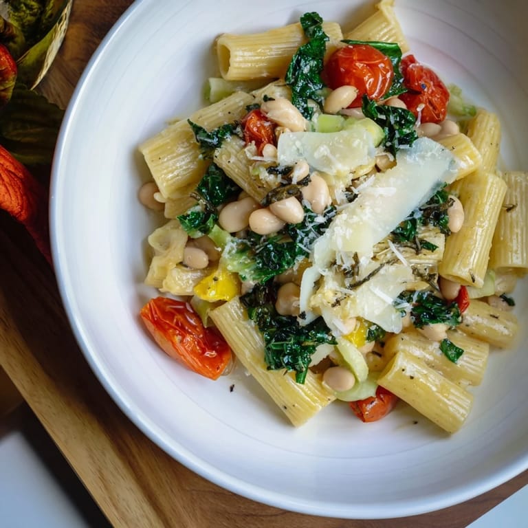 Creamy and satisfying Healthy Tuscan White Bean & Kale Christmas Pasta, ready to serve for dinner.