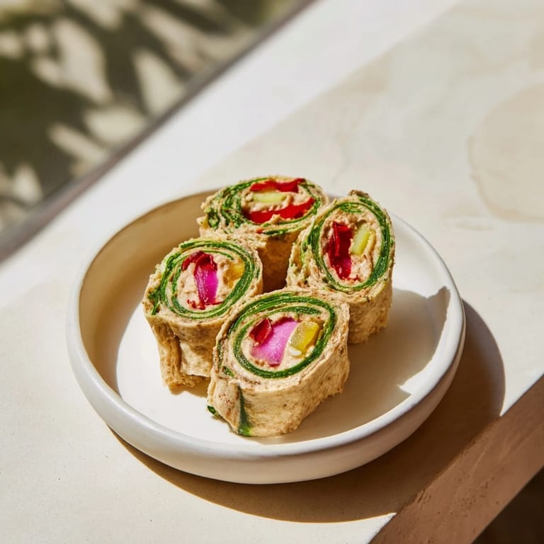 Roasted Veggie & Hummus Candy Cane Wraps display colorful roasted veggies inside rolled tortillas, ready to serve.