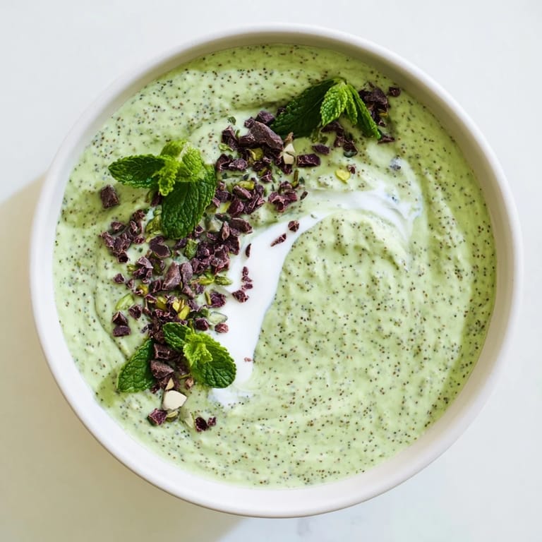 A close-up of a bowl of Grinch Green Mint Matcha Chia Pudding, speckled with cacao nibs, ready for a delicious breakfast.