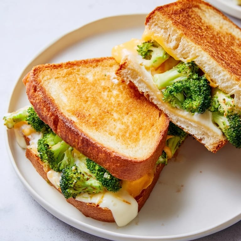 Crispy air fryer broccoli cheddar stuffed grilled cheese, oozing with melted cheddar, ready to slice and enjoy.