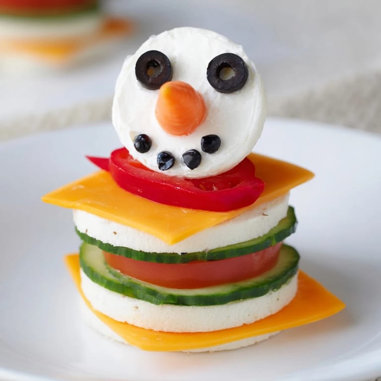 Adorable Snowman Sandwich Stack with veggie accents, a delightful winter-themed lunchtime delight for everyone.
