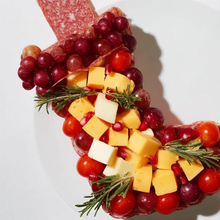 Festive Christmas Stocking Snack Tray arrangement, a delightful mix of cheeses and crackers ready to enjoy.