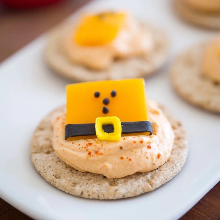 Get ready to serve delightful Santas Belt Crackers & Dip: festive crackers artfully decorated with olive belts and cheddar buckles.