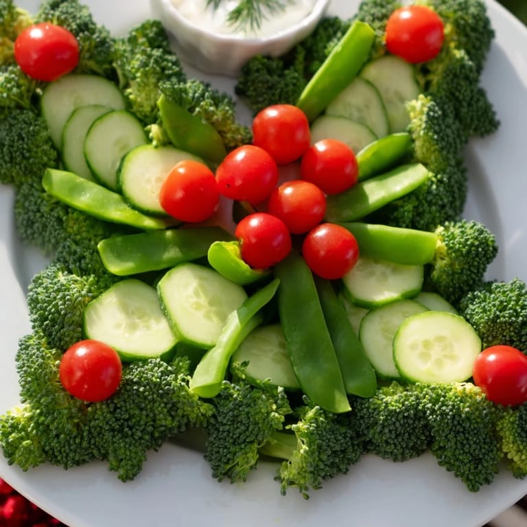 Visually appealing Holly Leaf Veggie Board; a healthy, vibrant appetizer perfect for your next holiday celebration.