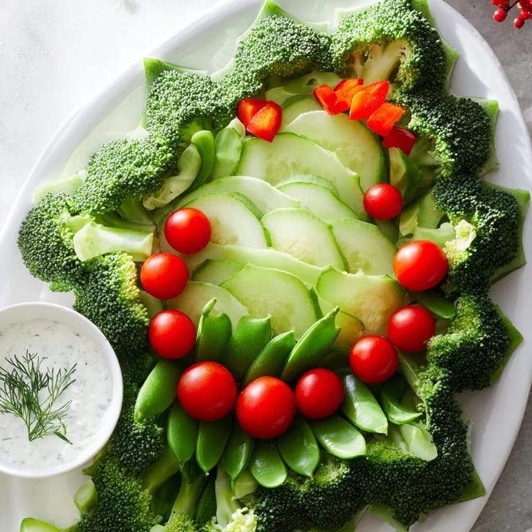 Freshly arranged Holly Leaf Veggie Board, featuring broccoli florets, cherry tomatoes, and refreshing cucumber slices.
