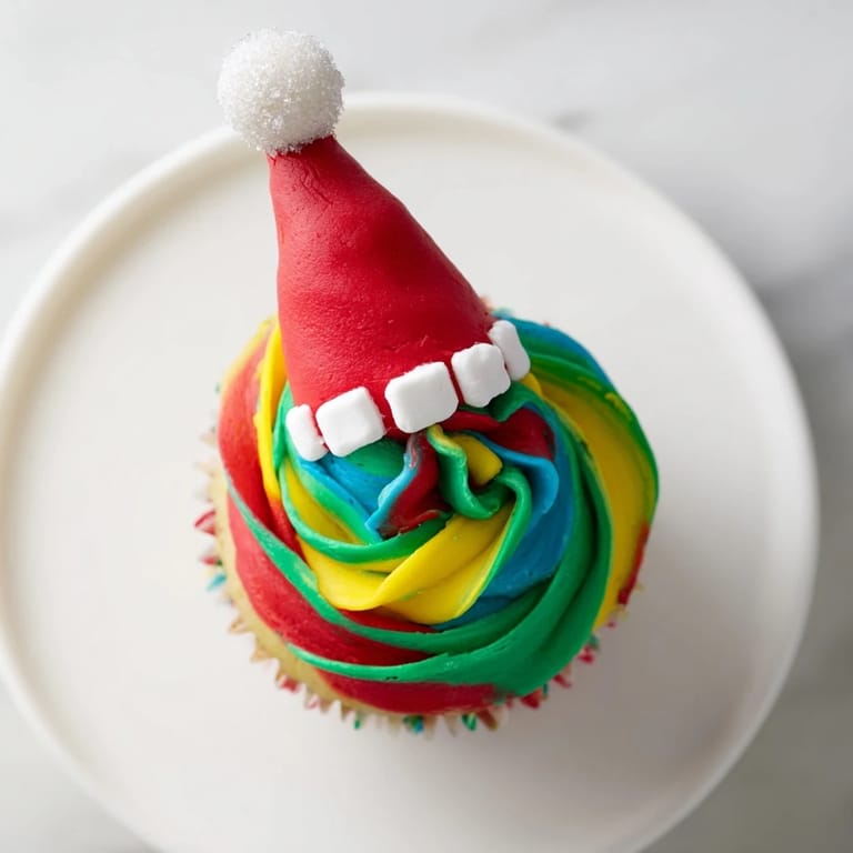 A tower of Elf Hat Cupcakes, invitingly frosted and topped with whimsical edible decorations.