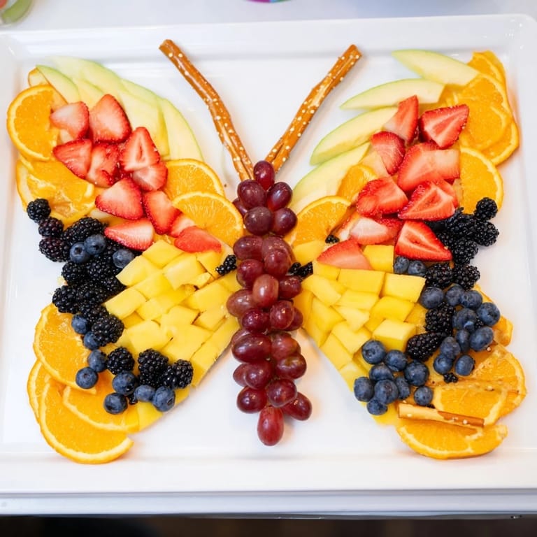 Brightly colored Monarch Magic Fruit Butterfly Tray with juicy orange slices, grapes, and sweet strawberry wings.