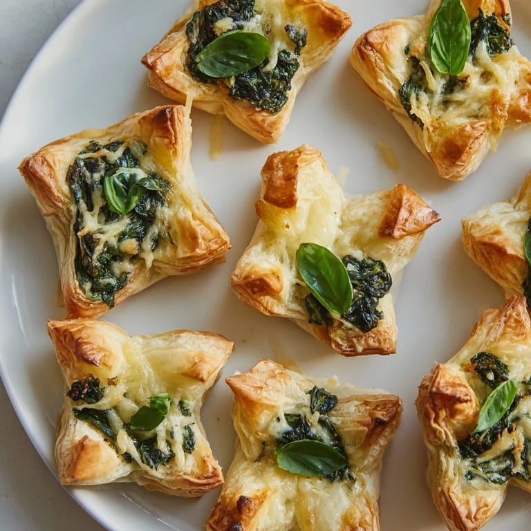 Close-up of baked Lucky Clover St. Patrick's Day Bites, showing their crispy pastry and fresh basil garnish.