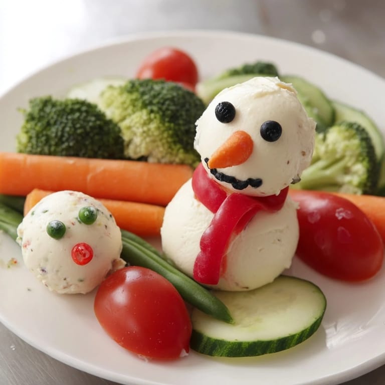 Smiling snowman veggie dip platter, featuring a playful arrangement of fresh veggies and a creamy snowman dip.