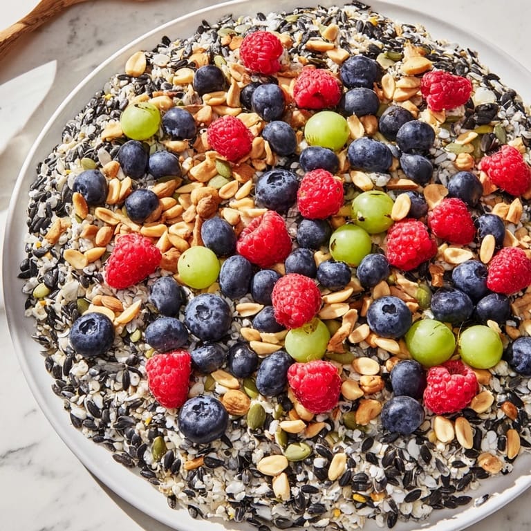This appealing, textured Singing Bird Seed & Berry Platter is piled high with seeds and fruit.