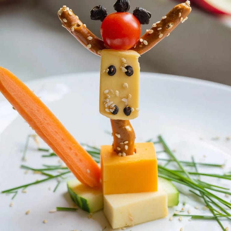 Colorful Long-Necked Giraffe Snack Tower, a visually appealing snack built with fresh ingredients and cheese.