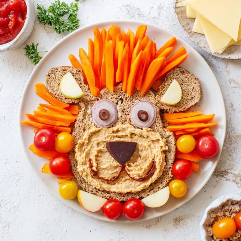 Vibrant King of the Jungle Lion Lunch Board, showing a smiling face made with fruits and vegetables.