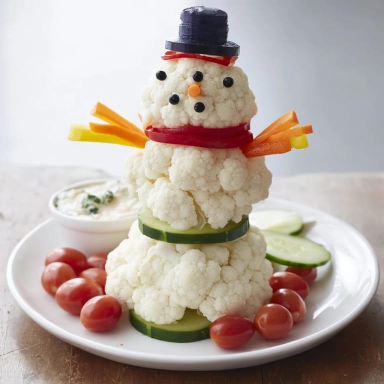 See a festive platter of Snowman Crudités, a healthy appetizer, with vibrant veggies and a tasty dip.