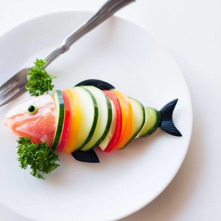 Baked to perfection, the light fish-shaped meal features tender white fish and colorful veggies.