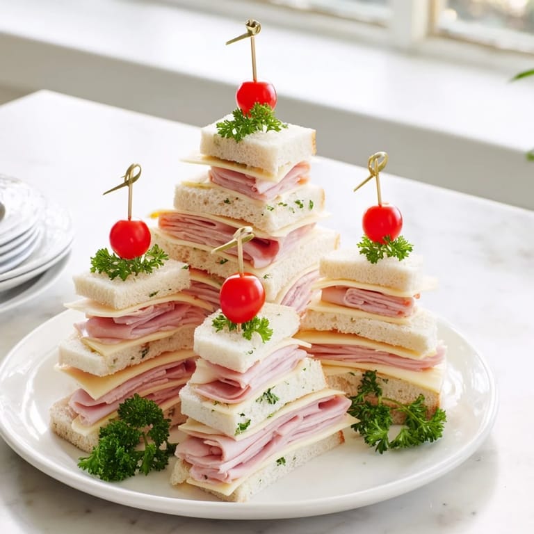 Delicious Ham and Cheese Christmas Tree Towers, stacked high with fillings, looking inviting alongside fresh parsley.