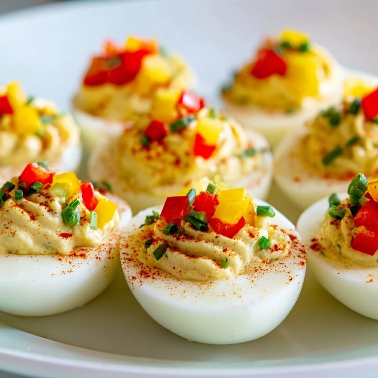 Vibrant Christmas Tree Deviled Eggs, with colorful bell pepper "ornaments," a delicious party centerpiece.