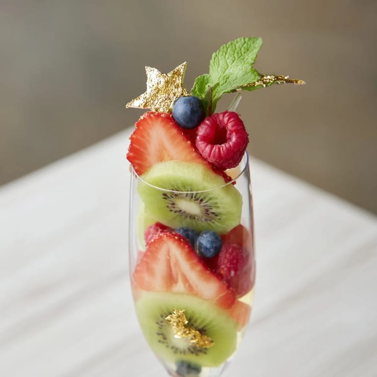 Festive champagne flute fruit garnishes include vibrant raspberries and blueberries, perfect for New Year's celebrations.