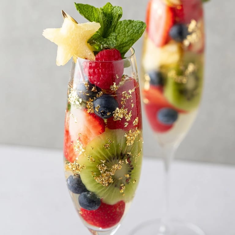 Elegant champagne flute fruit garnishes showcase sliced strawberries, lime wheels, and a touch of gold for New Years.