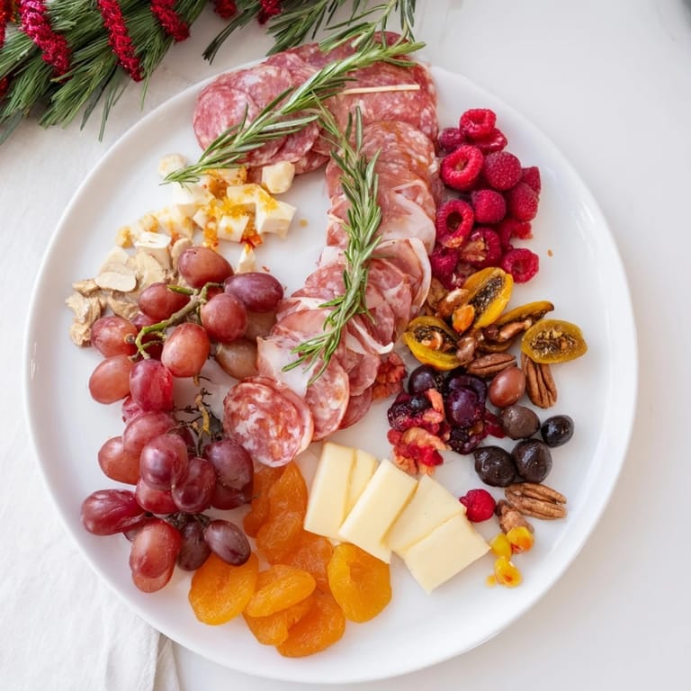 A visually appealing Meat & Cheese: Festive Stocking Charcuterie Board, arranged with colorful layers and textures.