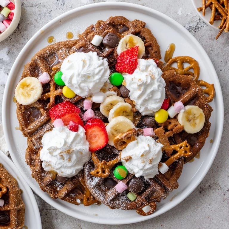 Enjoy a delicious gingerbread house waffle bar: Stack spiced waffles with whipped cream and candies.