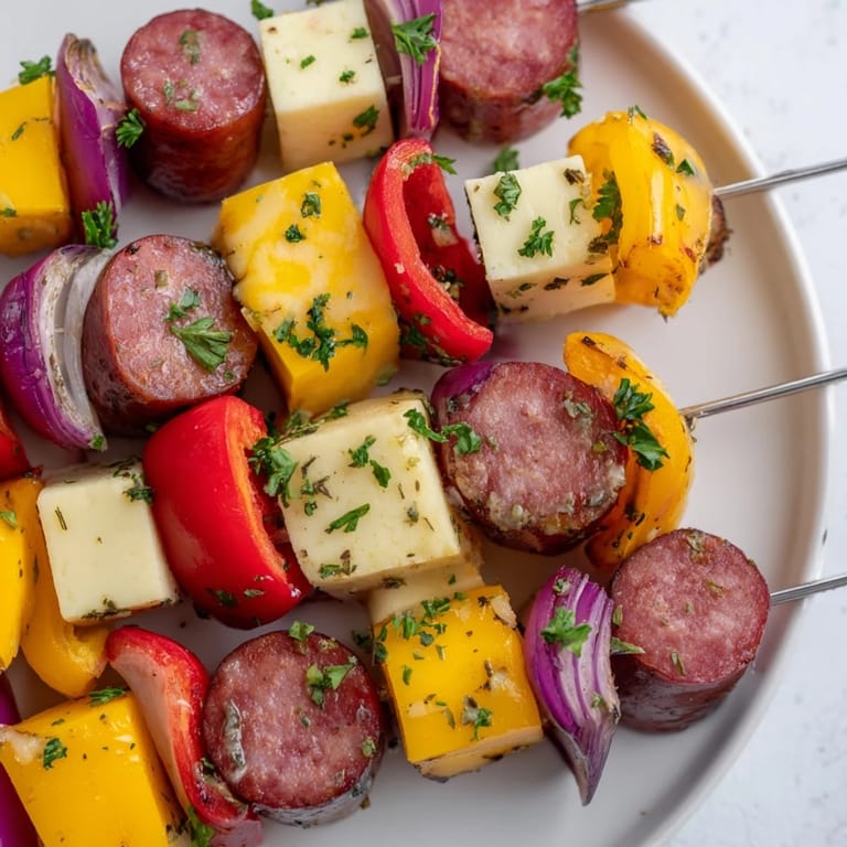 Smoky Chimney Stack Sausage and cheese skewers, grilled until bubbly, offer a delicious and appealing appetizer option.