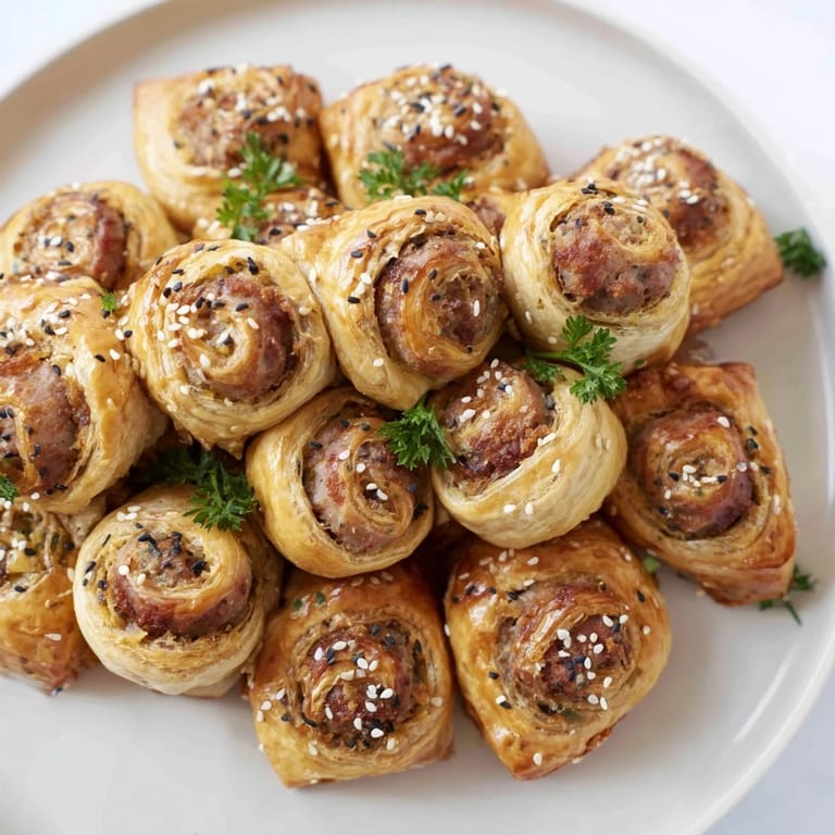 Freshly baked mini sausage roll wreath, showcasing a fragrant, savory sausage appetizer, perfect for sharing.