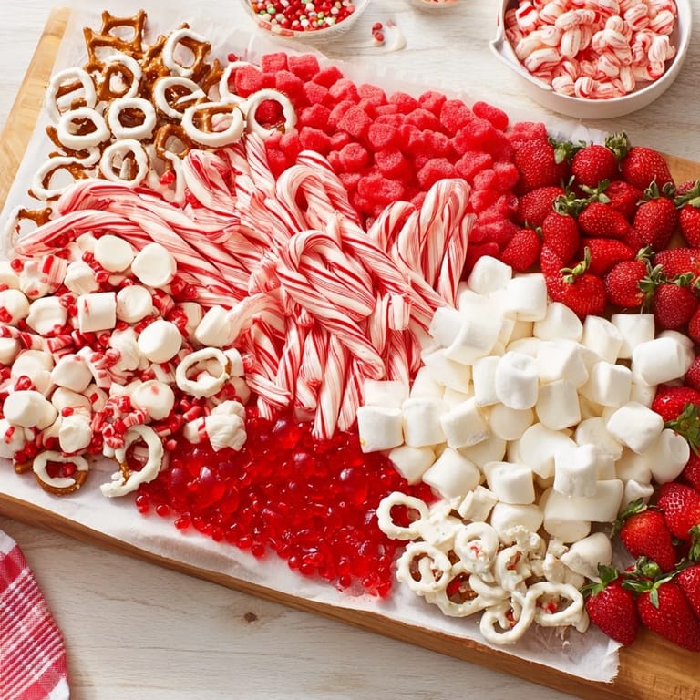 A beautifully arranged Sweet Board, featuring festive red and white candies perfect for sharing, colorful and delicious.