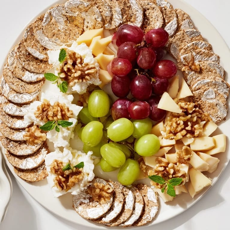 A vibrant Sparkling Grape and Silver Cracker Platter overflowing with cheese, nuts, grapes, and mint sprigs ready to serve.