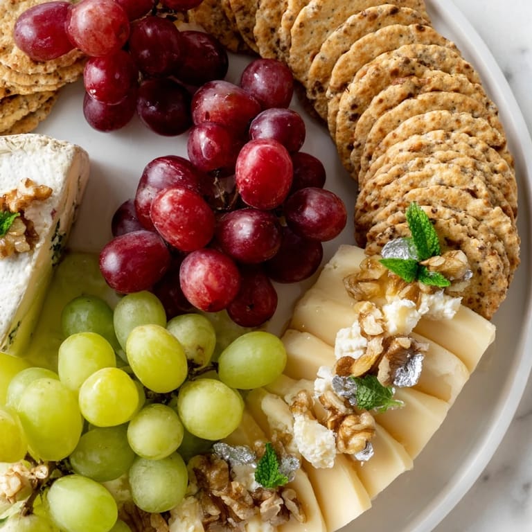 Festive Sparkling Grape and Silver Cracker Platter with silver-dusted crackers, ripe grapes, and an array of cheeses for New Year's.