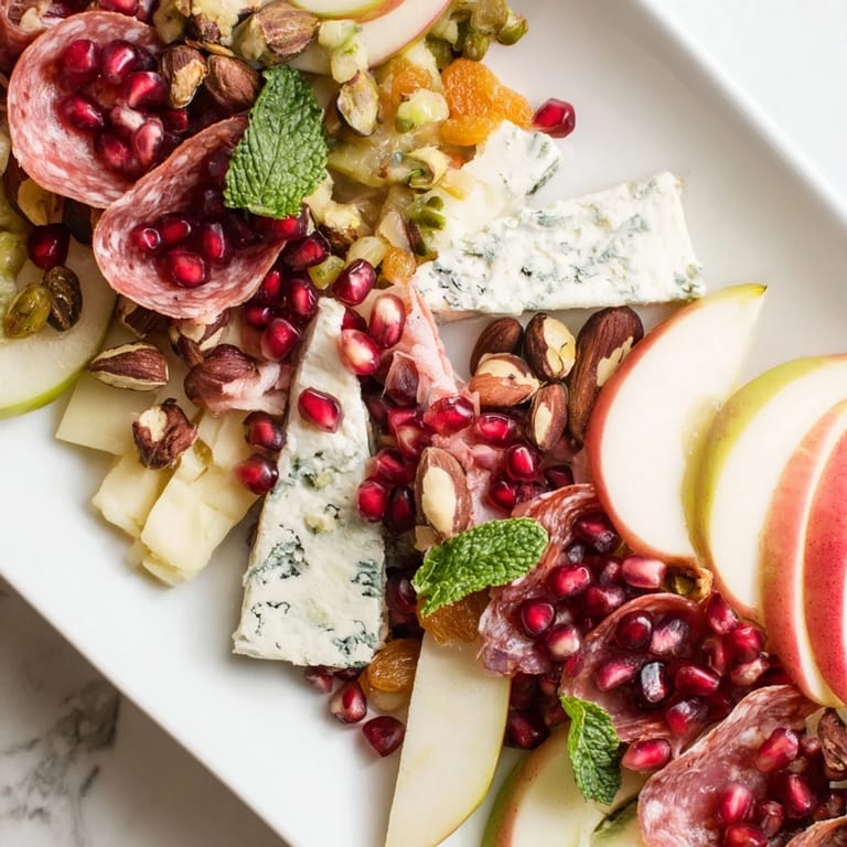 Vibrant Pomegranate Jewel Cascade cheese board, layered with creamy cheese, prosciutto, and sweet pomegranate arils, ready to serve.