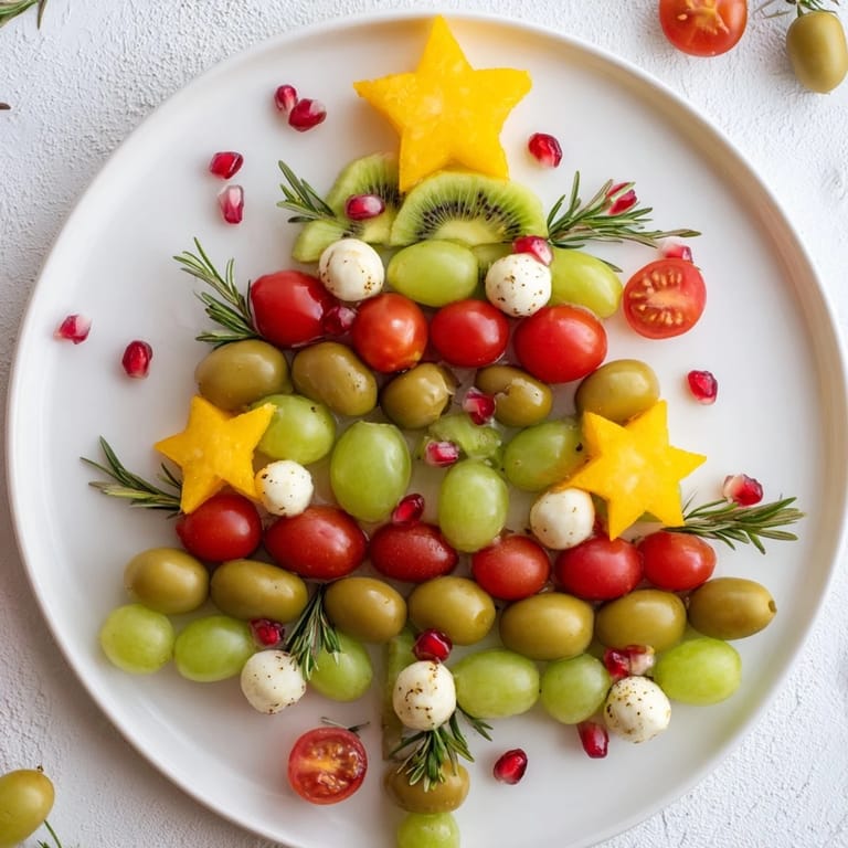 Bright red and green Christmas Tree Triangle Board boasts fresh fruit and mozzarella; a festive appetizer everyone will love.