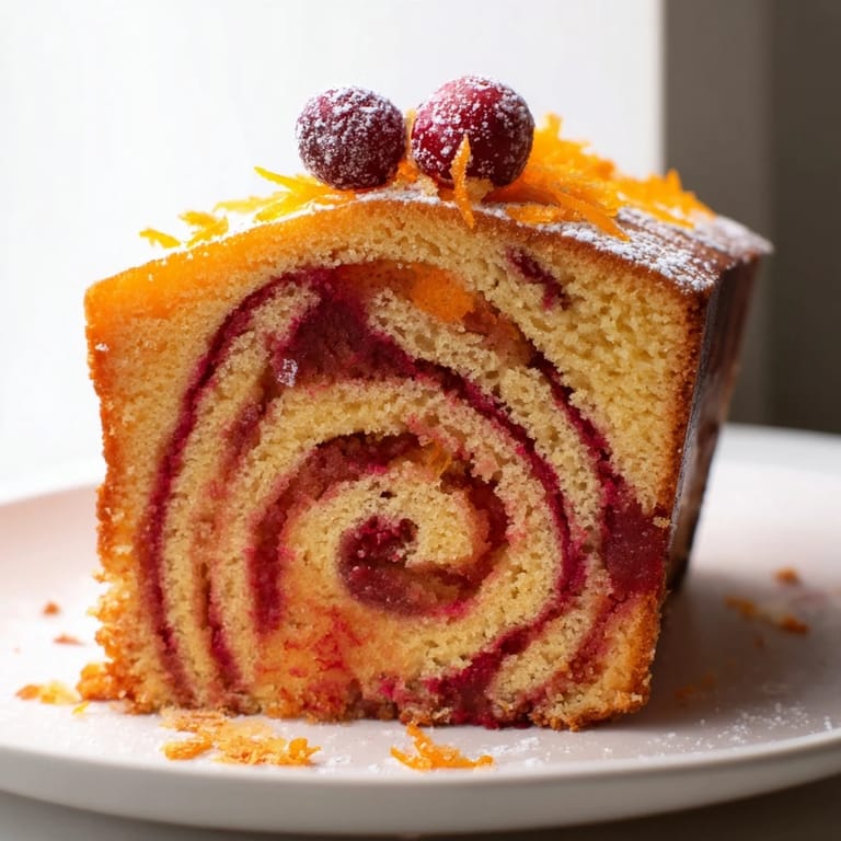 A close-up of The Cranberry Orange Swirl cake shows its beautiful spiral design, ready to enjoy.