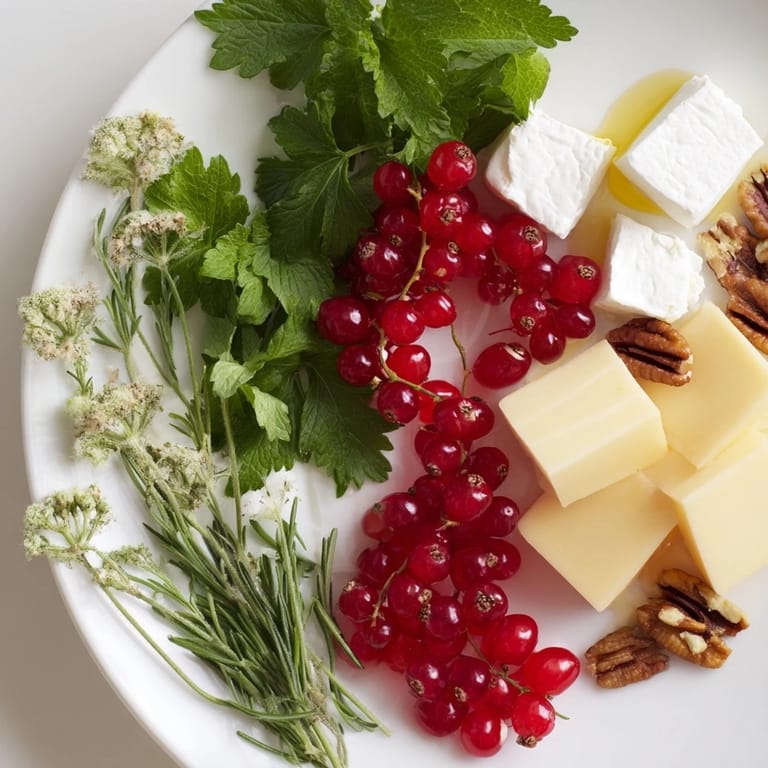Delicious Holly Berry Cluster appetizer, a colorful array of berries, cheeses, and herbs arranged with care.