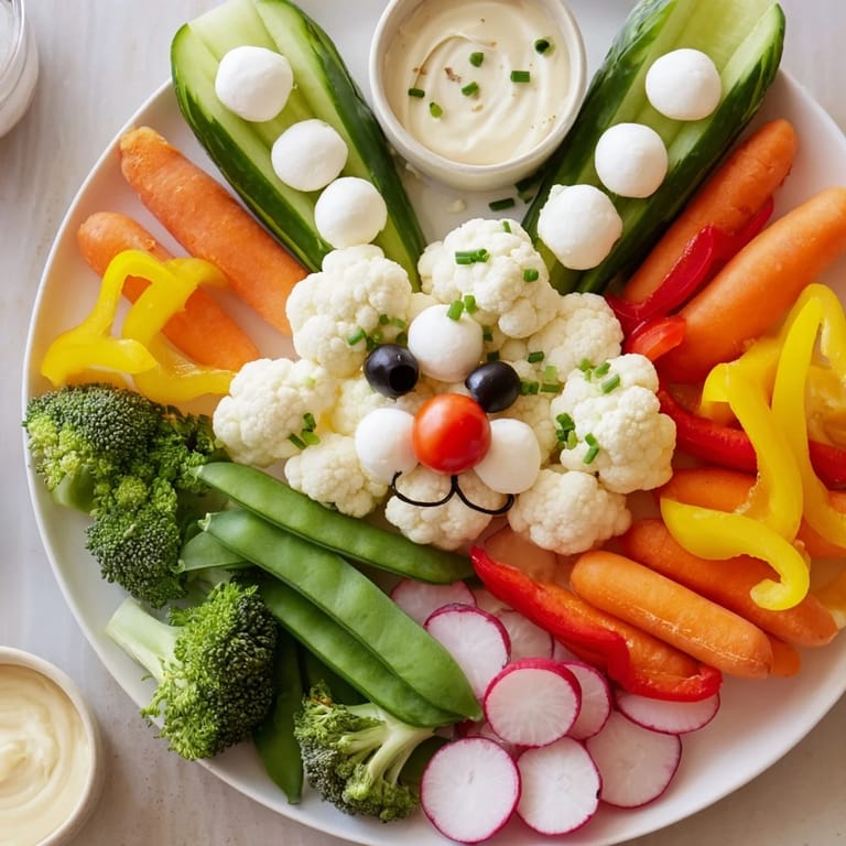 Colorful Easter Bunny Spring Platter: a delightful spread with a veggie bunny face, surrounded by dip and crackers.