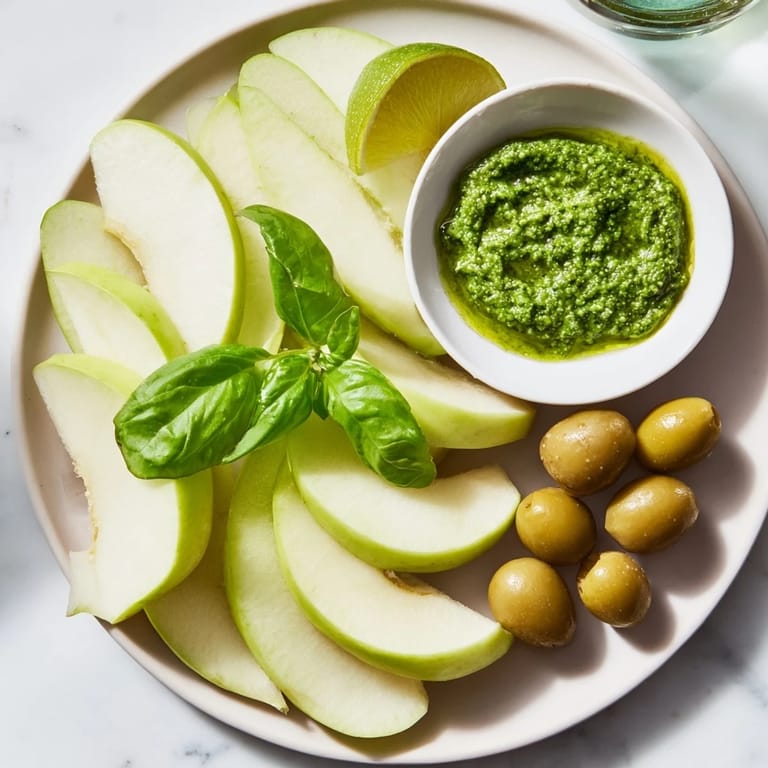 Beautiful overhead shot of The Emerald City appetizer platter: Lime wedges and fresh pesto complement the green olives.