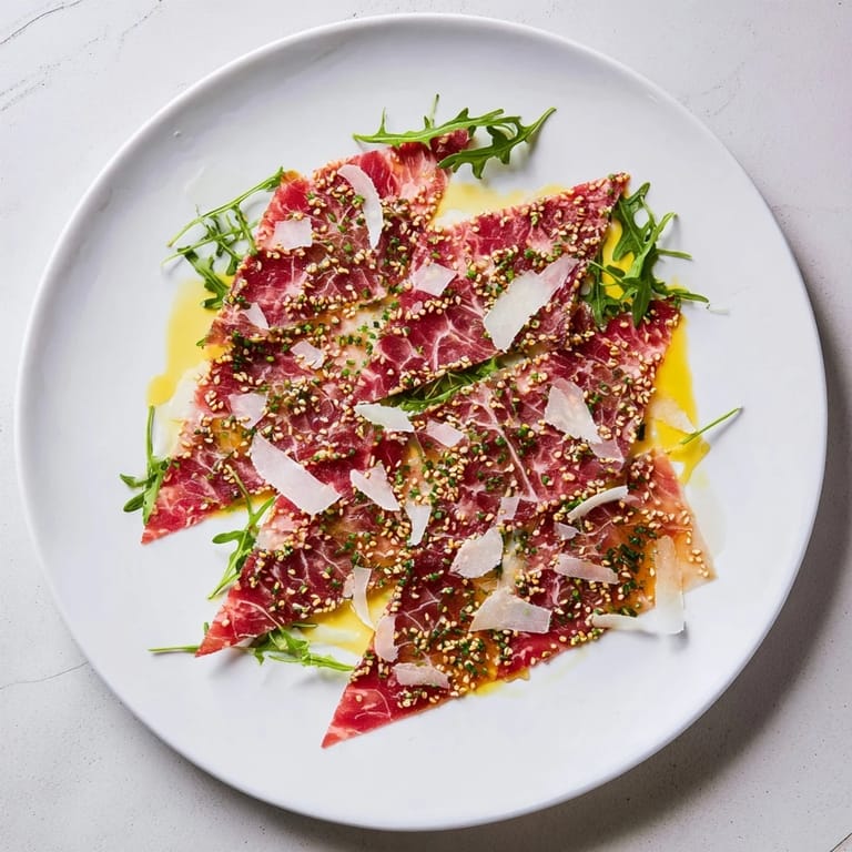 Savory Origami Fold Beef Appetizer, showcasing beautifully folded beef triangles, garnished with sesame seeds and chives.