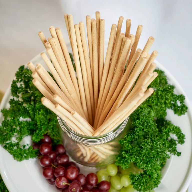 Imagine The Vertical Forest: a fun appetizer of breadsticks, grapes, and parsley, ready to enjoy.