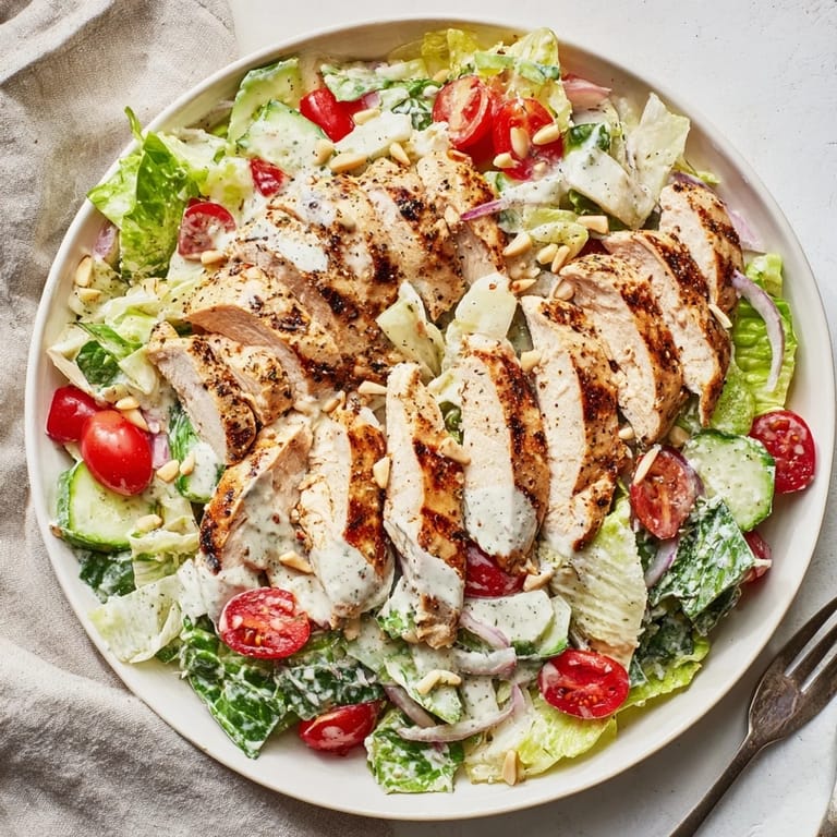 A colorful salad: Chicken Caesar pasta-less bowl with sliced chicken and crunchy toppings, ready to eat.