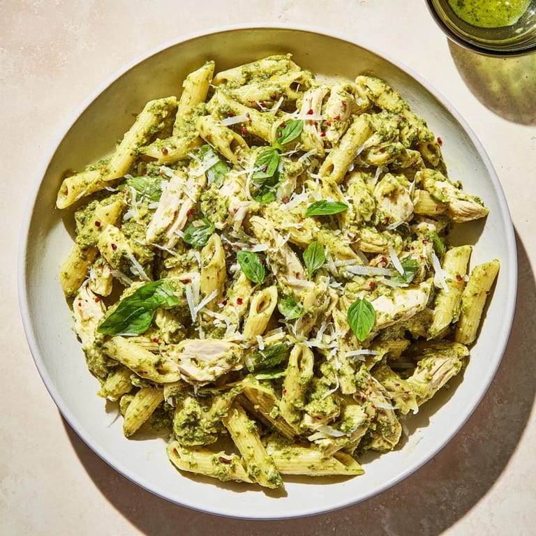 Enjoy a quick taste of the flavorful 10-Minute Pesto Pasta with Chicken, topped with fresh basil.