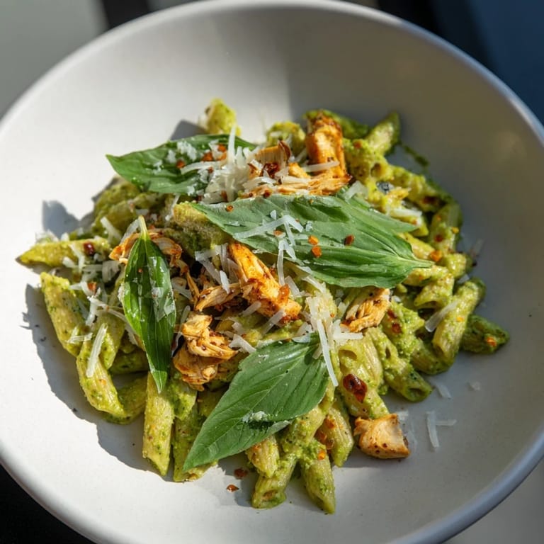 Creamy, comforting 10-Minute Pesto Pasta with Chicken featuring juicy chicken and delicious pesto sauce.