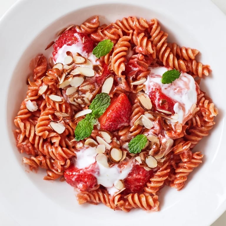 This Sweet Strawberry Yogurt Pasta features vibrant red strawberries and creamy yogurt over tender pasta noodles.