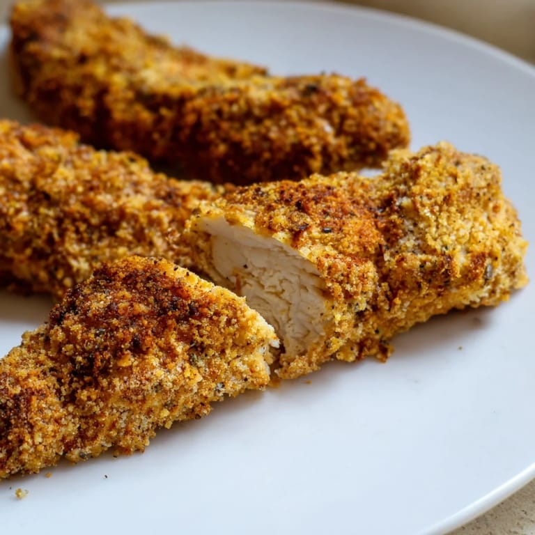 These savory air-fried chicken tenders boast a crunchy exterior and juicy, tender chicken inside.