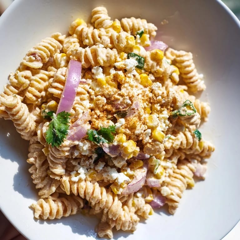 This refreshing Creamy Street Corn Pasta Salad showcases colorful ingredients and zesty lime wedges on the side.