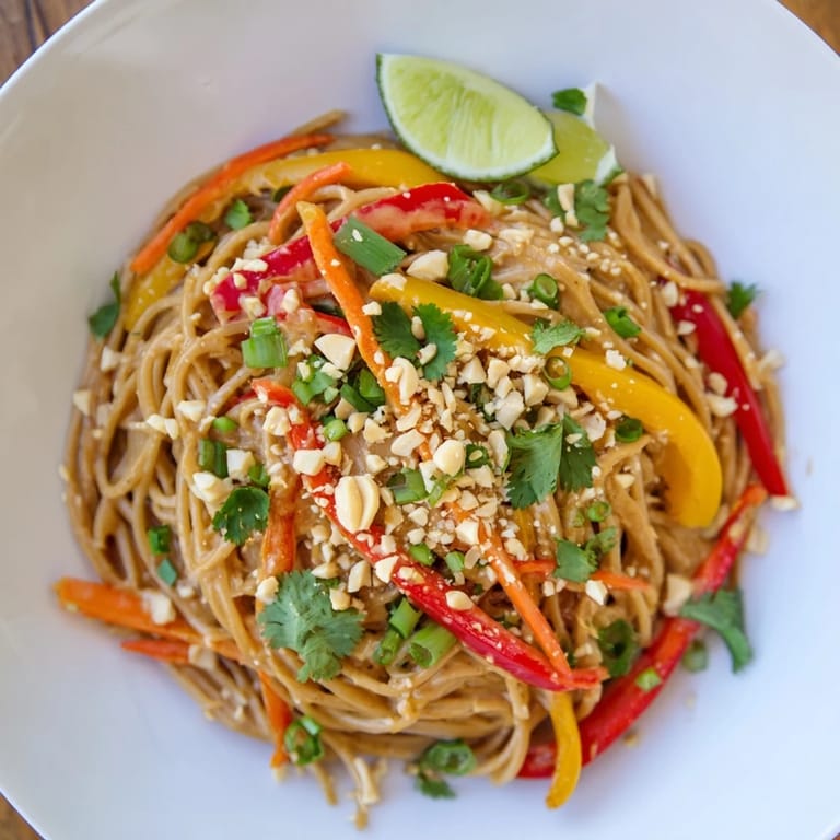 Vibrant plate of spicy peanut noodles with peanuts and cilantro, perfect for a quick dinner.