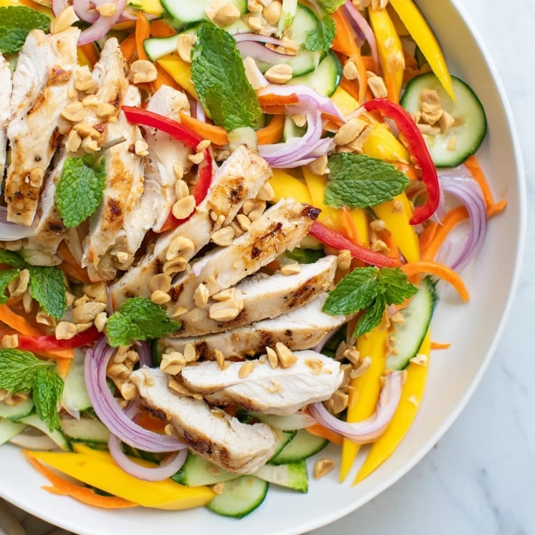 Close-up of a flavorful Thai Mango Chicken Salad, showcasing fresh herbs and a spicy lime dressing.