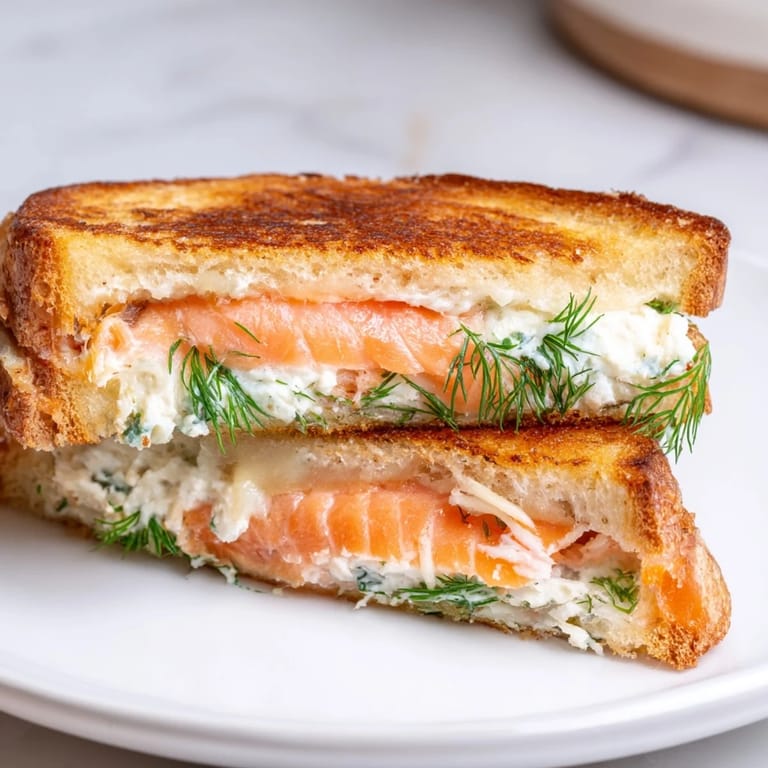 Warm, melty Smoked Salmon Grilled Cheese, showcasing the perfectly grilled, buttery bread and delicious filling.