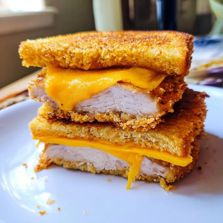 A close-up of a perfectly grilled Crispy Panko Pork Chop Grilled Cheese, showing the juicy pork and melted cheddar.