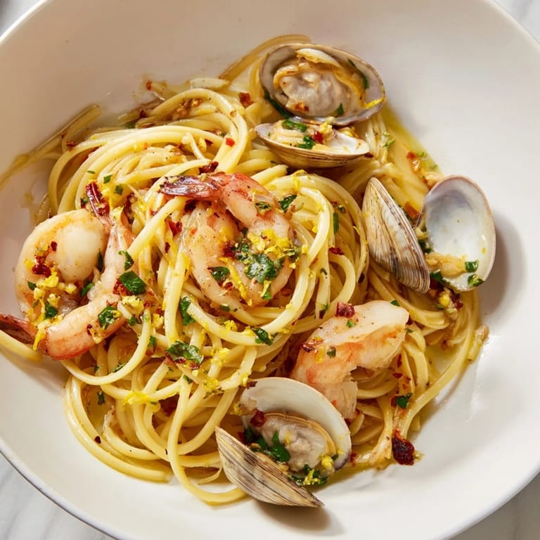 Zesty Seafood Pasta Aglio e Olio with garlic-infused olive oil, glistening seafood, and perfectly cooked spaghetti.